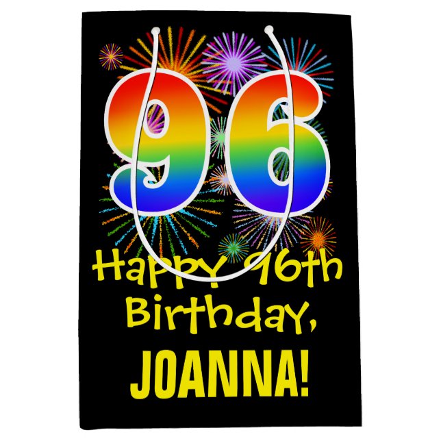 96th Birthday: Fun Fireworks Pattern + Rainbow 96 Medium Gift Bag (Front)