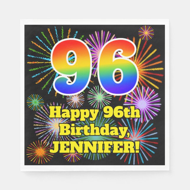 96th Birthday: Fun Fireworks Pattern + Rainbow 96 Napkin (Front)