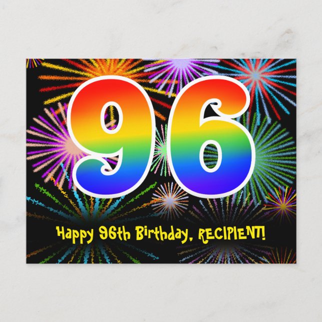96th Birthday – Fun Fireworks Pattern + Rainbow 96 Postcard (Front)