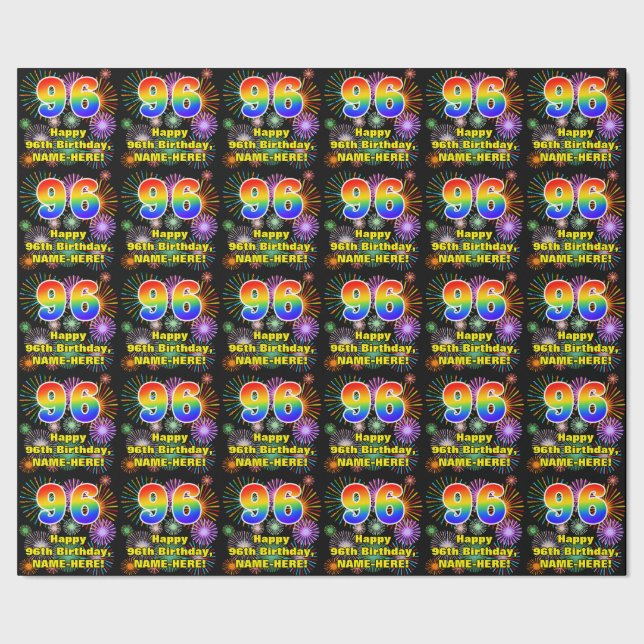 96th Birthday: Fun Fireworks, Rainbow Look # “96” Wrapping Paper (Seam)