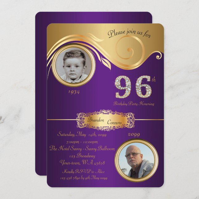 96th,Birthday Man 96th,elegant art deco,purple Invitation (Front/Back)