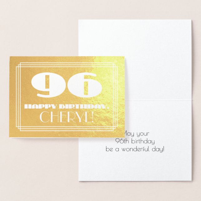 96th Birthday: Name + Art Deco Inspired Look "96" Foil Card (Display)