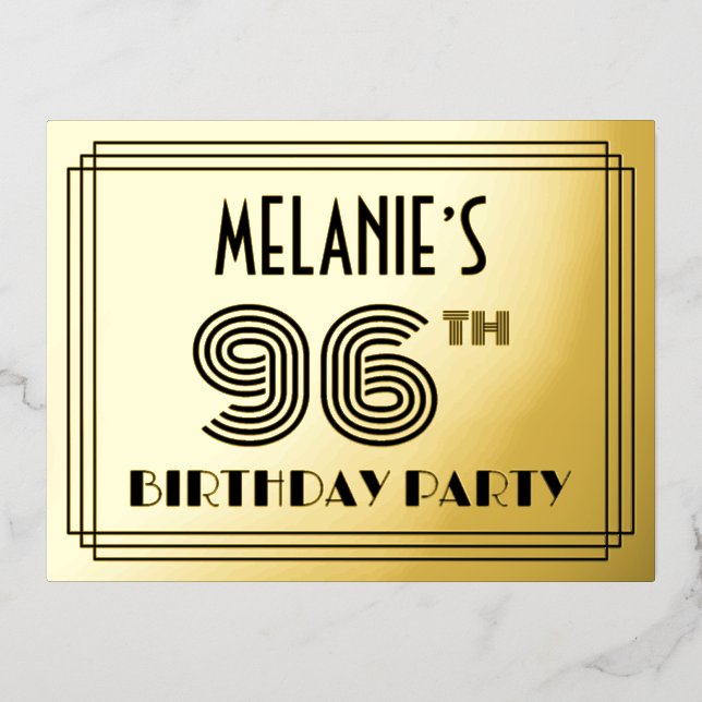 96th Birthday Party ~ Art Deco Style “96” + Name Foil Invitation Postcard (Front)