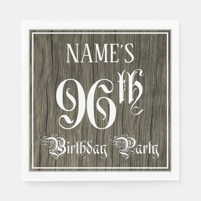 96th Birthday Party — Fancy Script, Faux Wood Look Napkin (Front)