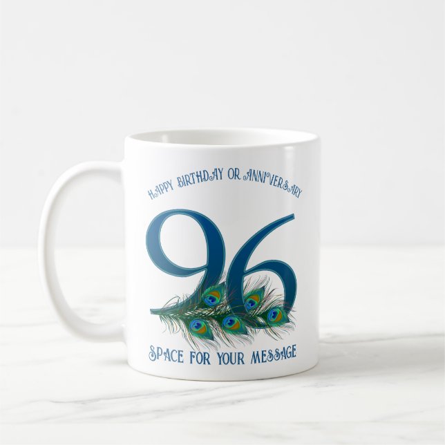 96th Birthday Peacock Feather Customizable Coffee Mug (Left)
