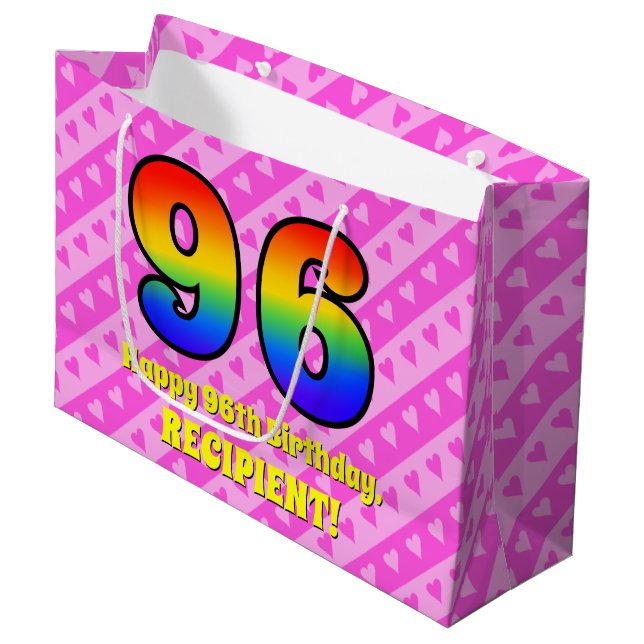 96th Birthday: Pink Stripes & Hearts, Rainbow # 96 Large Gift Bag (Front Angled)