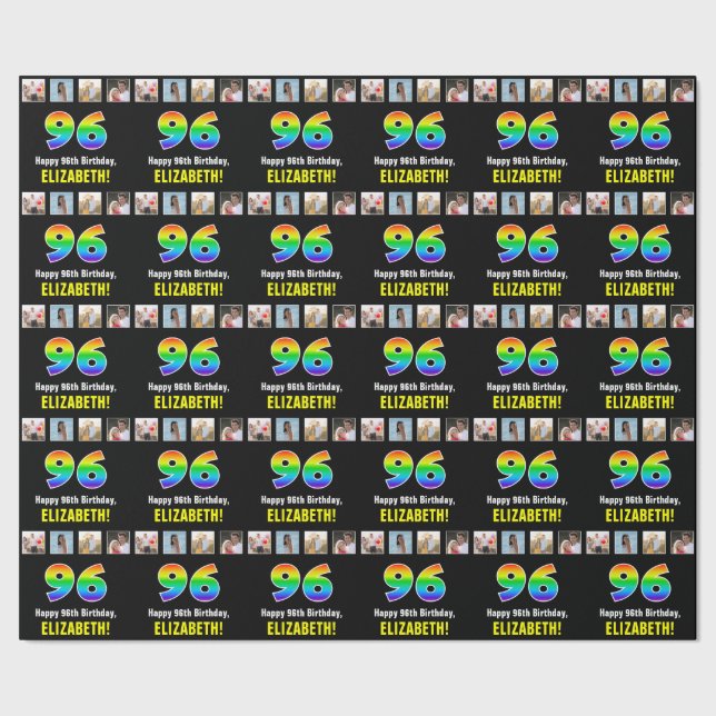 96th Birthday: Rainbow “96“; Custom Photos & Name Wrapping Paper (Seam)