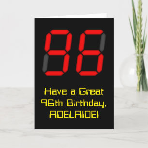 96th Birthday: Red Digital Clock Style "96" + Name Card