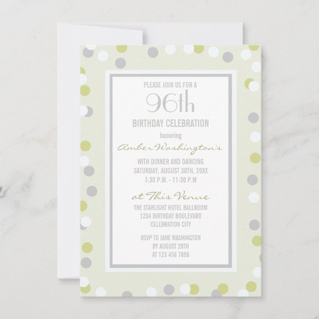 96th Green and Grey Polka Dots and Chevrons Invitation (Front)
