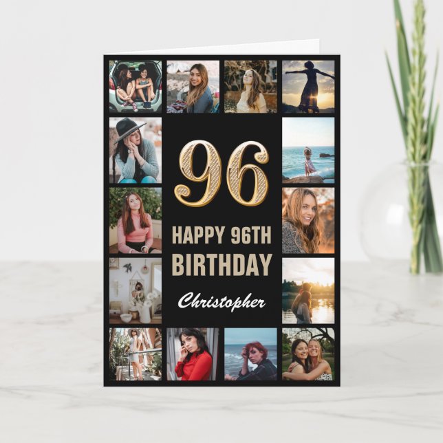 96th Happy Birthday Black and Gold Photo Collage Card (Front)