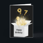 97th Birthday Balloons In White Box Card<br><div class="desc">Gold balloons and sparkling light beams glow in a white box on black background for 97th birthday</div>