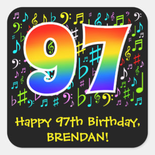 97th Birthday: Colorful Music Symbols, Rainbow 97 Square Sticker