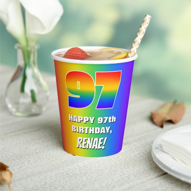 97th Birthday: Colourful, Fun Rainbow Pattern # 97 Paper Cups (Insitu)