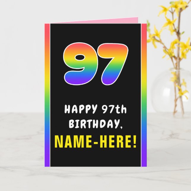 97th Birthday: Colourful Rainbow # 97, Custom Name Card (Yellow Flower)