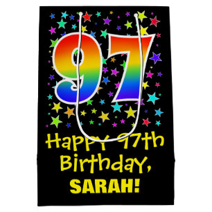 97th Birthday: Colourful Stars Pattern & Rainbow 9 Medium Gift Bag