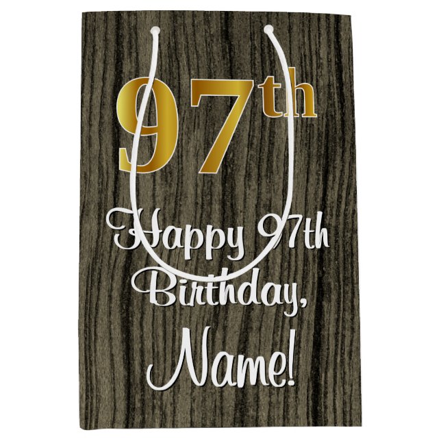 97th Birthday: Elegant Faux Gold Look #, Faux Wood Medium Gift Bag (Front)