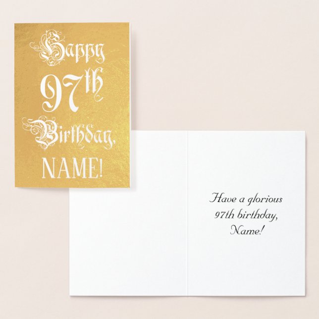 97th Birthday: Elegant, Ornate Script; Custom Name Foil Card (Display)