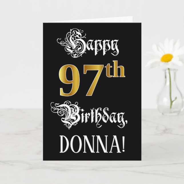 97th Birthday — Fancy Script; Faux Gold Look; Name Card (Small Plant)
