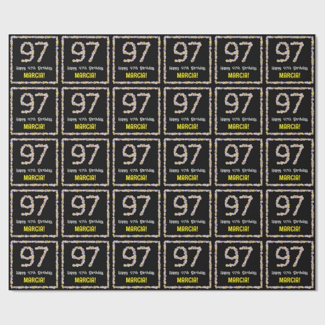 97th Birthday: Floral Flowers Number, Custom Name Wrapping Paper (Flat)