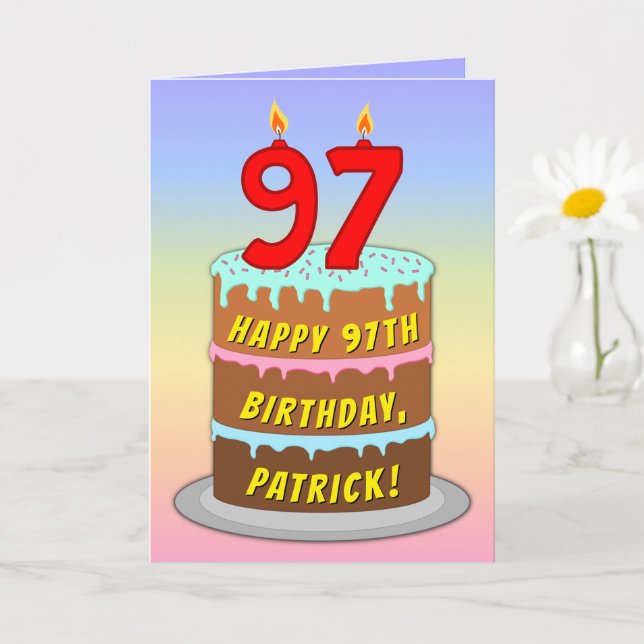 97th Birthday — Fun Cake & Candles, w/ Custom Name Card (Small Plant)