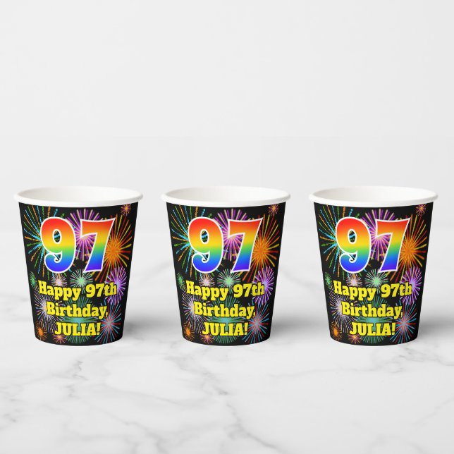 97th Birthday: Fun Fireworks Pattern + Rainbow 97 Paper Cups (Multi)