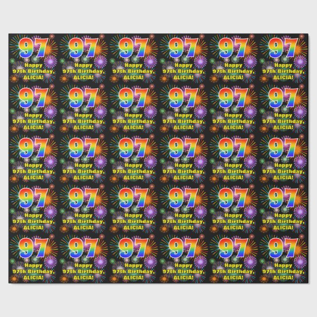 97th Birthday: Fun Fireworks, Rainbow Look # “97” Wrapping Paper (Seam)