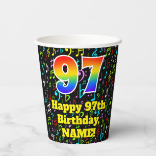 97th Birthday: Fun Music Notes Pattern, Rainbow 97 Paper Cups