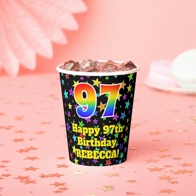97th Birthday: Fun Stars Pattern and Rainbow 97 Paper Cups (Insitu)