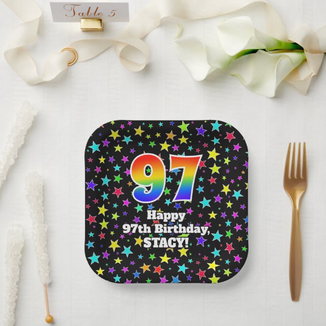 97th Birthday: Fun Stars Pattern and Rainbow “97” Paper Plate (Wedding)