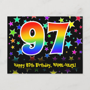 97th Birthday: Fun Stars Pattern, Rainbow 97, Name Postcard