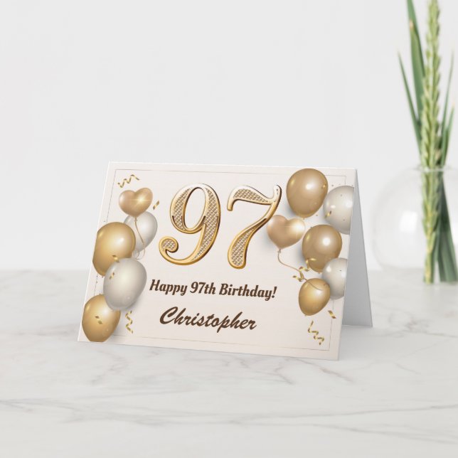 97th Birthday Gold Balloons and Confetti Birthday Card (Front)