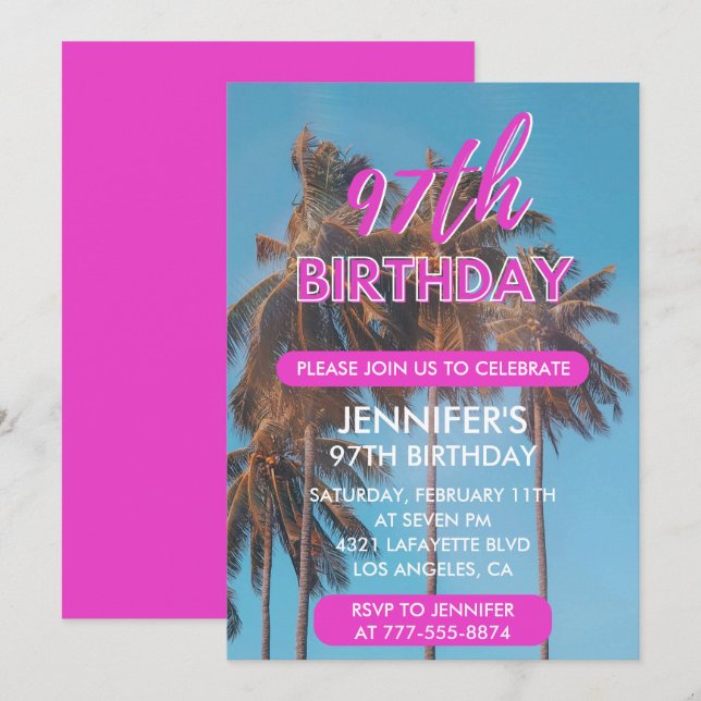 97th birthday invitation Summer Pink Palm tree (Front/Back)