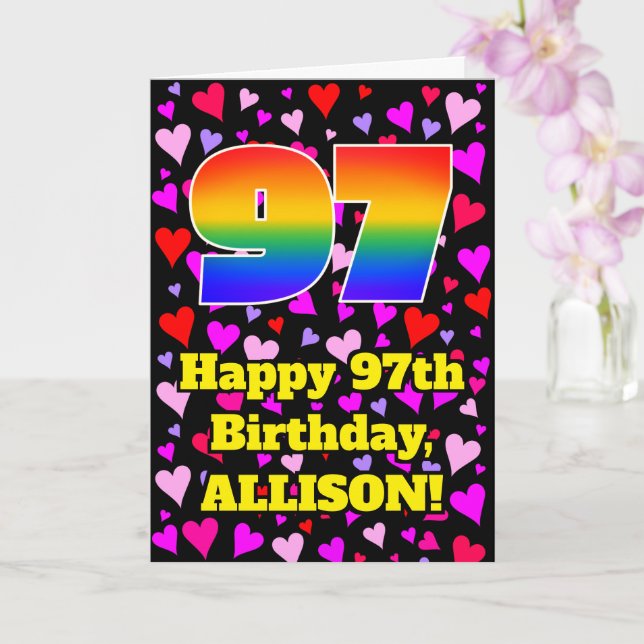 97th Birthday: Loving Hearts Pattern, Rainbow # 97 Card (Orchid)