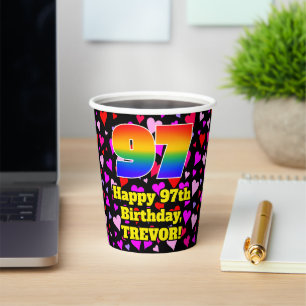 97th Birthday: Loving Hearts Pattern, Rainbow 97 Paper Cups