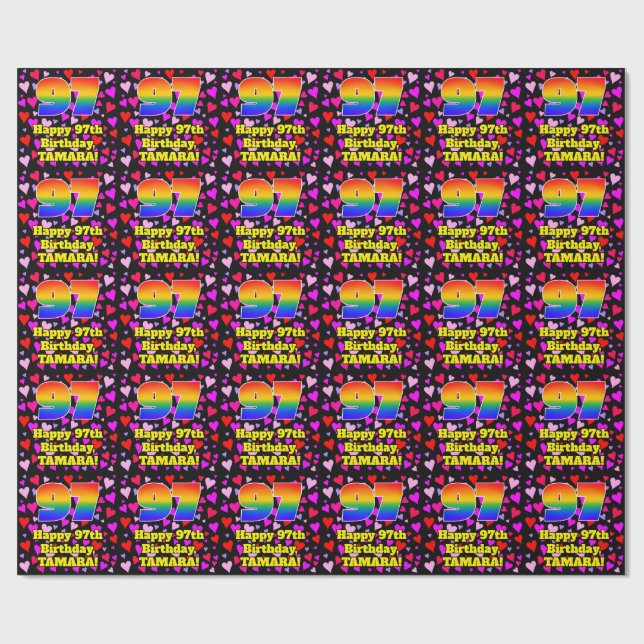 97th Birthday: Loving Hearts Pattern, Rainbow # 97 Wrapping Paper (Flat)