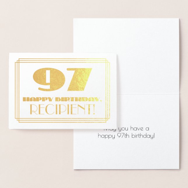 97th Birthday; Name + Art Deco Inspired Look "97" Foil Card (Display)