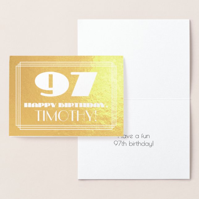 97th Birthday: Name + Art Deco Inspired Look "97" Foil Card (Display)