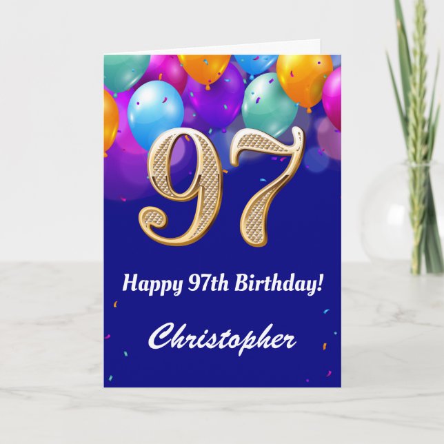 97th Birthday Navy Blue and Gold Colourful Balloon Card (Front)