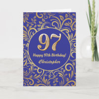 97th Birthday Navy Blue and Gold Floral Pattern