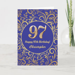 97th Birthday Navy Blue and Gold Floral Pattern  Card