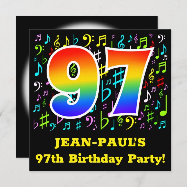 97th Birthday Party: Fun Music Symbols, Rainbow 97 Invitation (Front/Back)