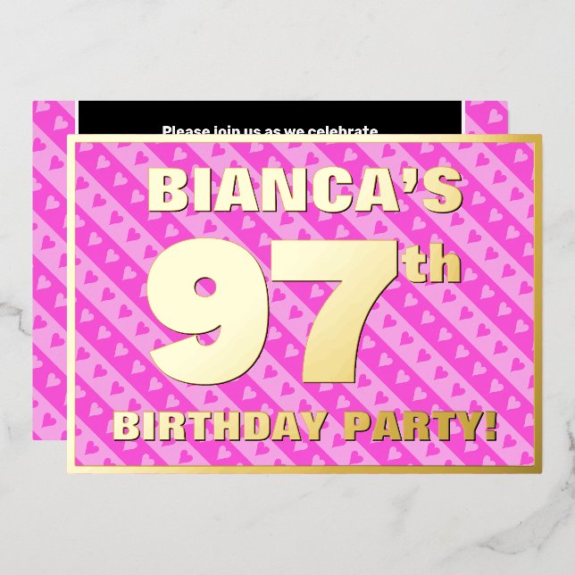 97th Birthday Party — Fun Pink Hearts and Stripes (Front/Back)