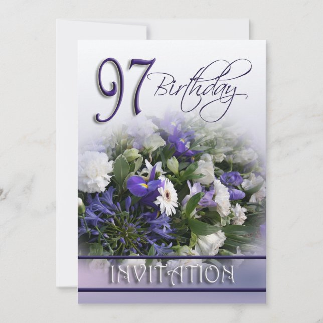 97th Birthday Party Invitation - Blue bouquet (Front)
