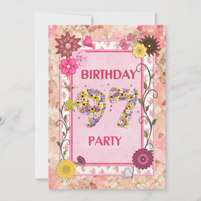 97th birthday party invitation with floral frame (Front)