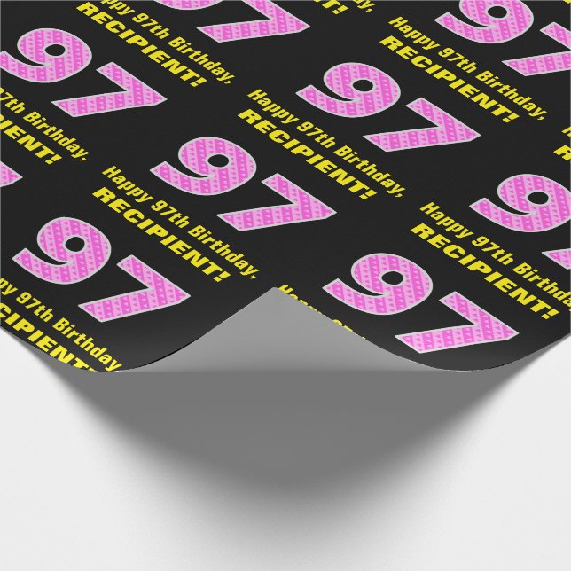97th Birthday: Pink Stripes and Hearts "97" + Name Wrapping Paper (Corner)