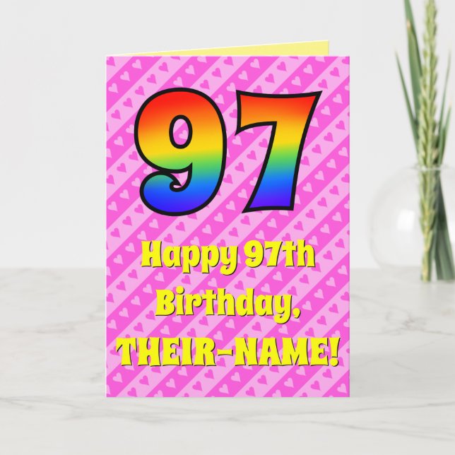 97th Birthday: Pink Stripes & Hearts, Rainbow # 97 Card (Front)