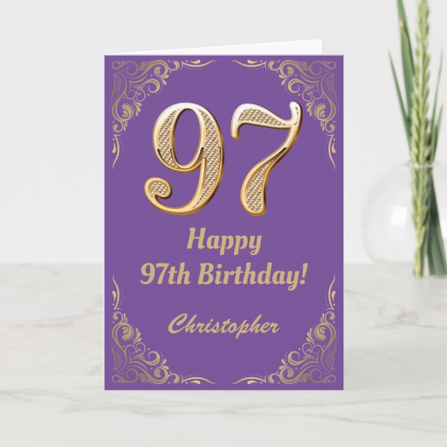97th Birthday Purple and Gold Glitter Frame Card (Front)