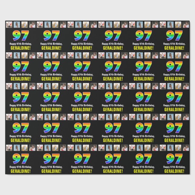 97th Birthday: Rainbow “97“; Custom Photos & Name Wrapping Paper (Seam)