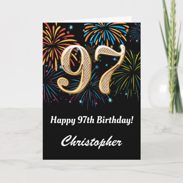 97th Birthday Rainbow Fireworks Black and Gold Card (Front)