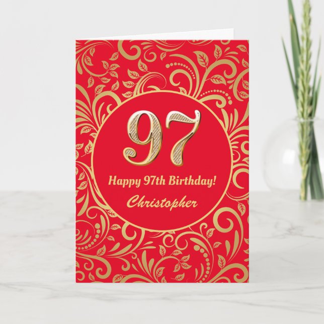 97th Birthday Red and Gold Floral Pattern Card (Front)